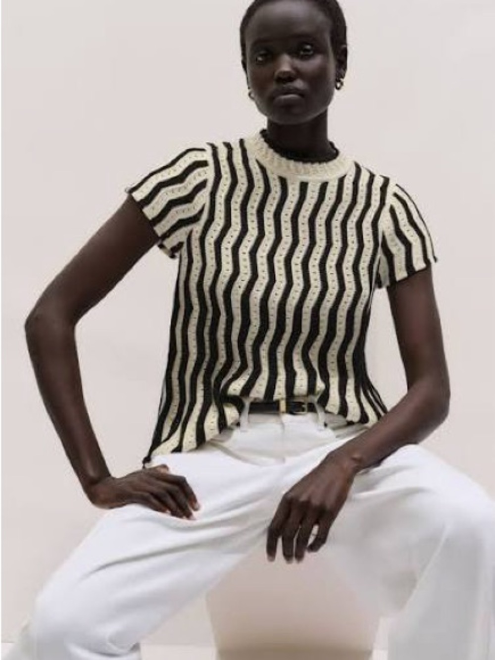 NWT ME+EM Cream and Black Wave-Stripe Swing Top